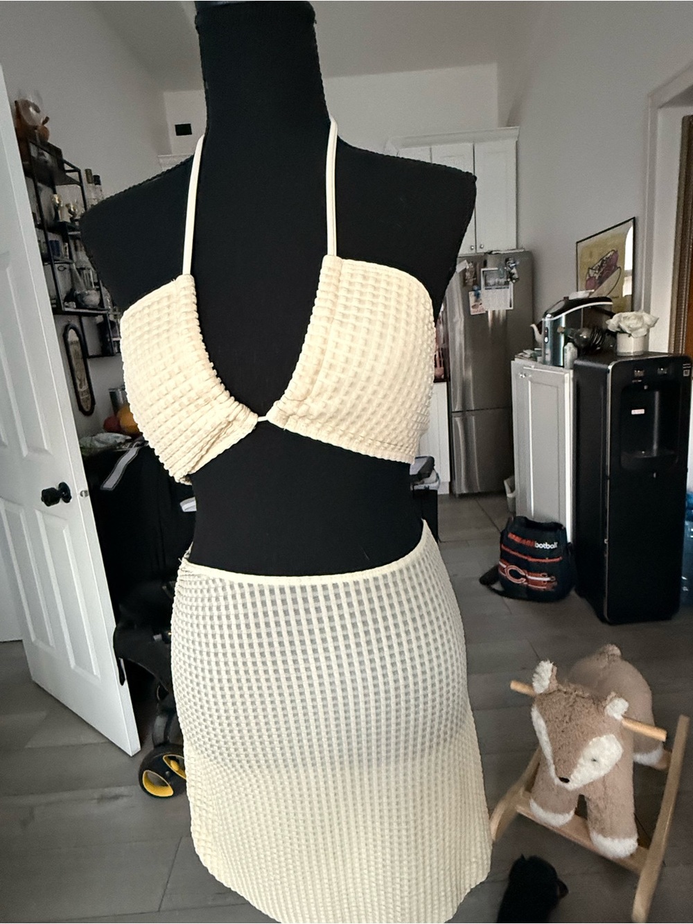Waffle Knit Two-Piece Halter Top & Skirt Set - Cream